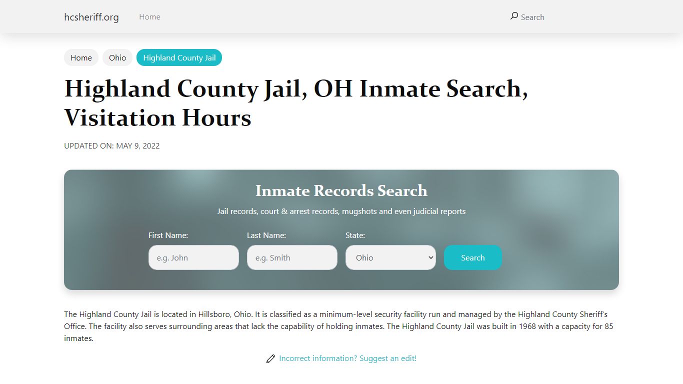 Highland County Jail, OH Inmate Search, Visitation Hours